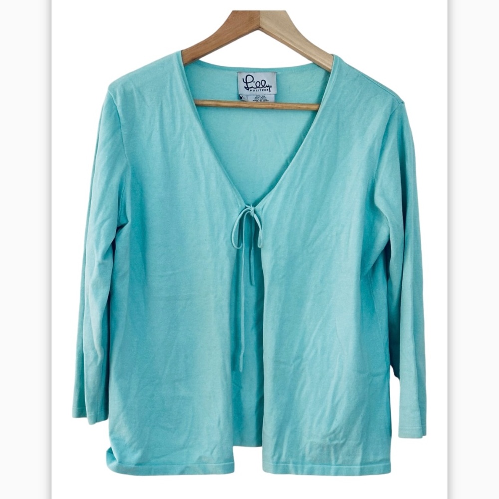 LILLY PULITZER vintage Cardigan Size L Open Front Long Sleeve turquoise tie fron